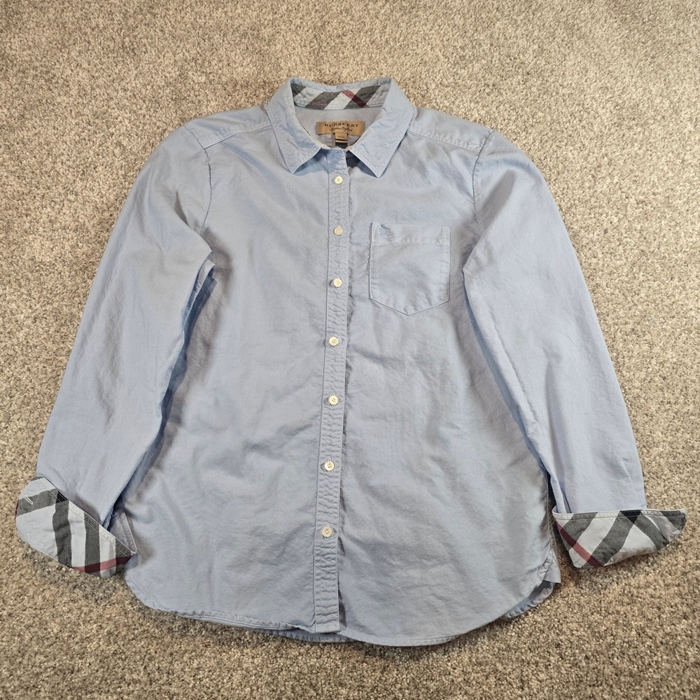 Burberry London England Womens Light Blue Cotton Check Cuff Button Down Shirt S